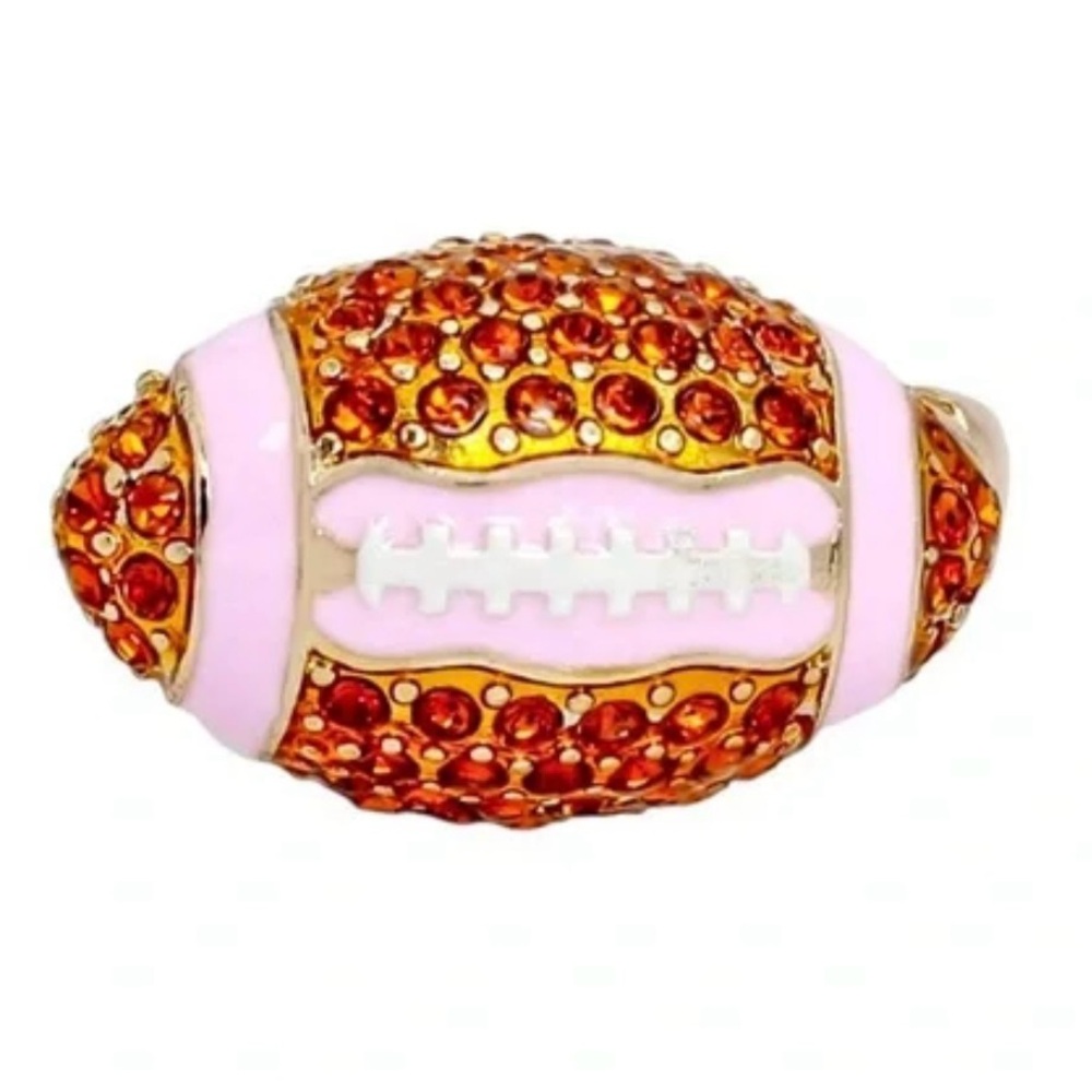 BETSEY JOHNSON  Orange Crystal Pink Enamel Football Cocktail adjustable Ring NEW - Picture 2 of 6